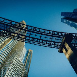 low angle photography of bridge and buildings